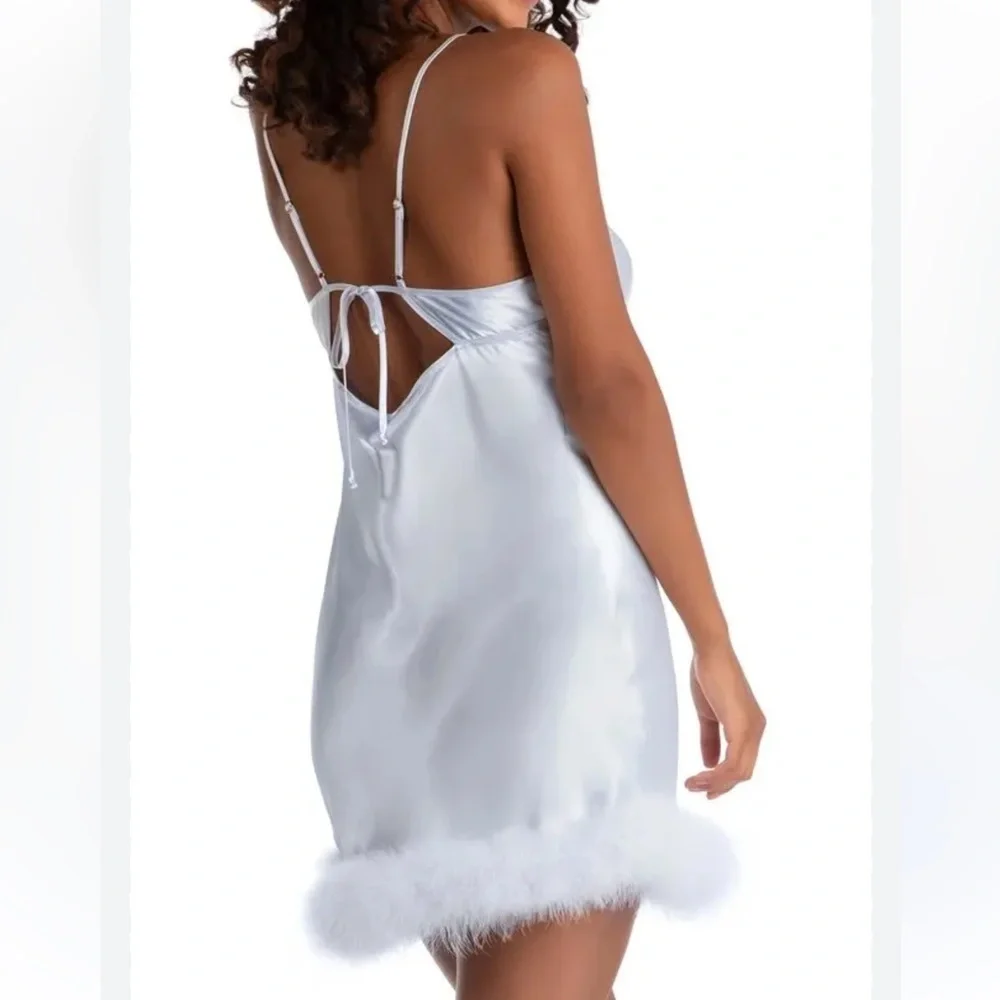 Elegant light Blue Satin Robe and Chemise with Feather Trim